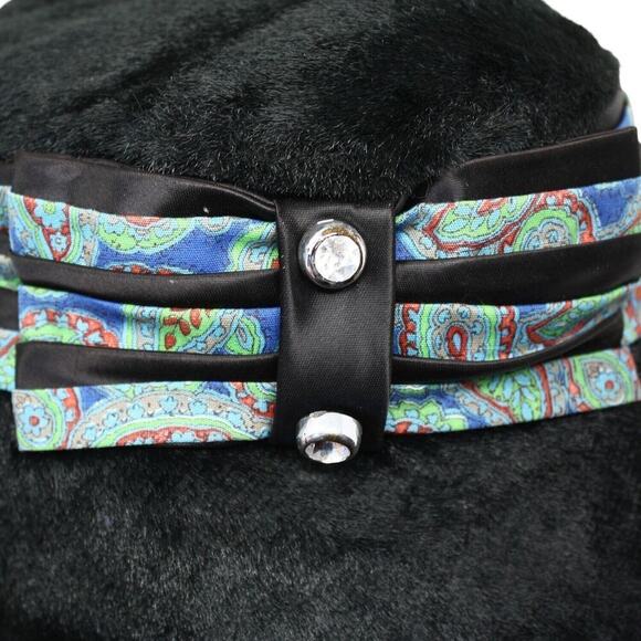 Vintage Black Plush Bucket Hat w Paisley Black Satin Trim and Bow - Hey Viv - Picture 4 of 7
